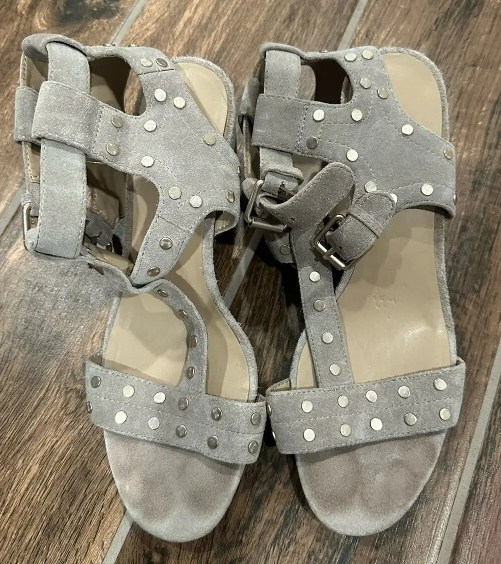 Lord and Taylor 424 fifth Gray Suede Studded Strappy Open Toe Buckle Heels Sz 8M